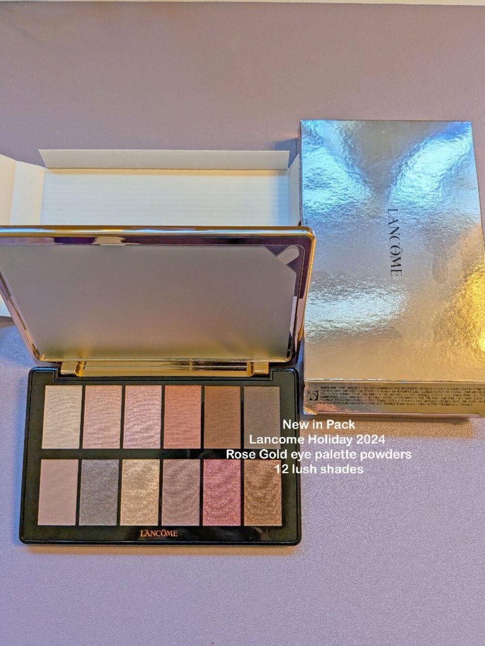 New in Pack, Lancome Holiday 2024 Rose Gold eye palette powders, 12 lush shades